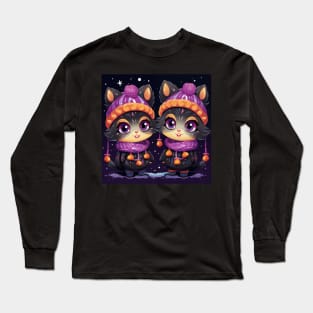 Christmas Illustration - Cute and Funny Kittens in Winter Hats and Scarves, a Playful Design Perfect for the Holiday Season. Long Sleeve T-Shirt